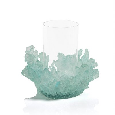 9" Light Aqua Polyresin Coral Glass Hurricane Candleholder