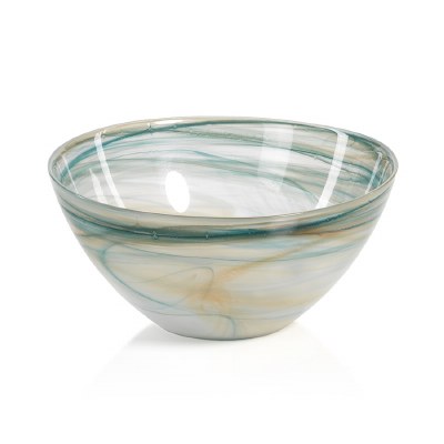 9" Round White, Aqua and Amber Swirl Alabaster Glass Bowl