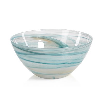 12" Round White, Aqua and Amber Swirl Alabaster Glass Bowl