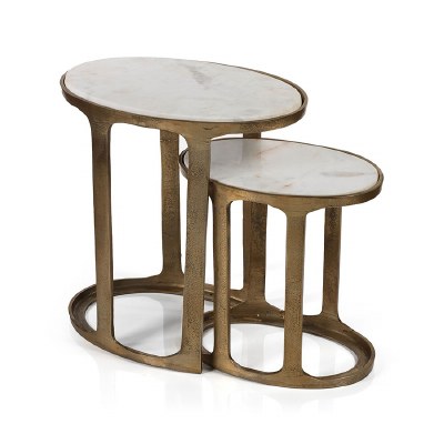 Set of 2 Oval White Marble and Antique Gold Metal Nesting Tables