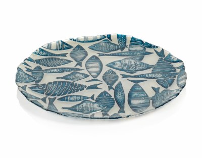 13" Round Blue and Silver Pearl Glass Fish Platter