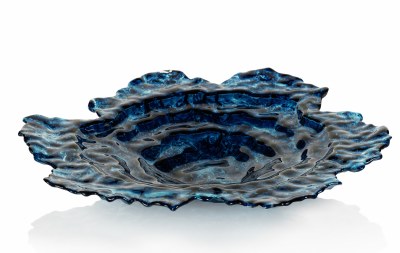 16" Round Dark Blue Marble Glass Oyster Dish
