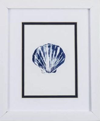 11" x 9" Navy Scallop Shell in White Frame Under Glass