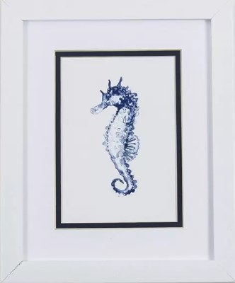 11" x 9" Navy Seahorse in White Frame Under Glass