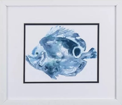 14" x 16" Blue Dot Fish in White Frame Under Glass