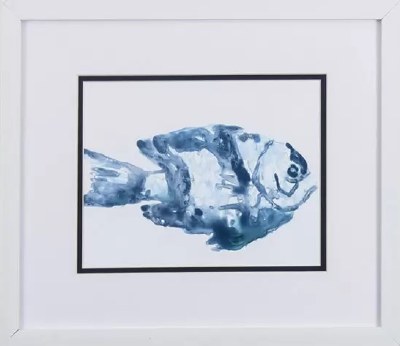 14" x 16" Blue Striped Fish in White Frame Under Glass