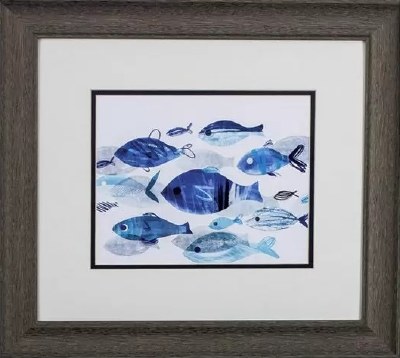 16" x 18" Dark Blue Fish in the Center in Gray Frame Under Glass