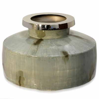 13" Round Light Olive Metal Squat Vase