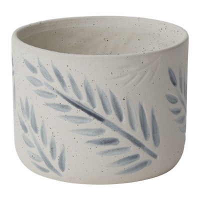 7" Round White Ceramic Blue Frond Pot