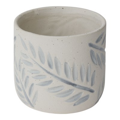 5" Round White Ceramic Blue Frond Pot