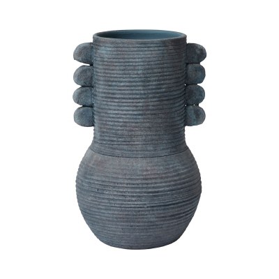 11" Dark Blue Ceramic Ribbed Vase With Handles