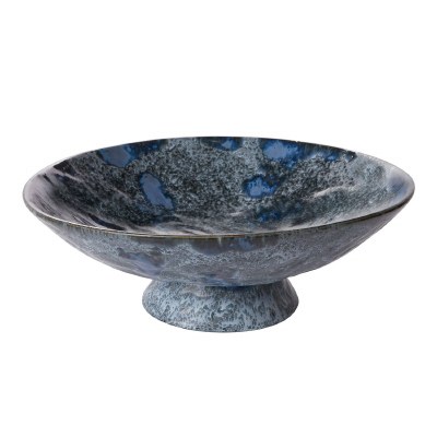 15" Round Blue Ceramic Footed Bowl With Reactive Glaze