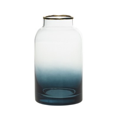 6" Clear and Blue With Gold Rim Blown Glass Vase