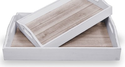 13" x 19" White Wood Double Handle Tray With Whitewash Wood Planks