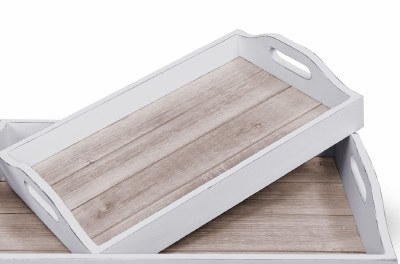 10" x 16" White Wood Double Handle Tray With Whitewash Wood Planks