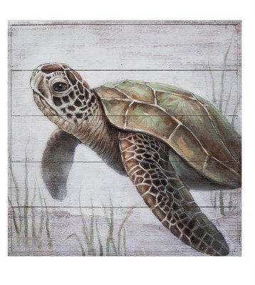 20" x 20" Hand Painted Gray Green Sea Turtle Looking Left Wood Plank Wall Art
