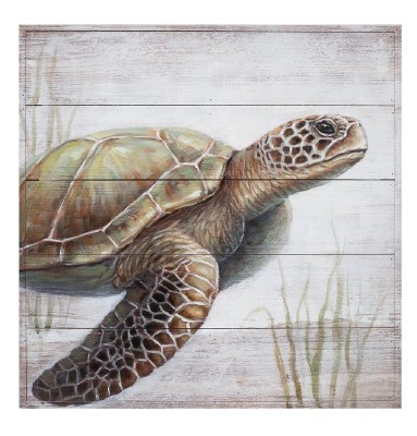 20" x 20" Hand Painted Gray Green Sea Turtle Wood Plank Wall Art