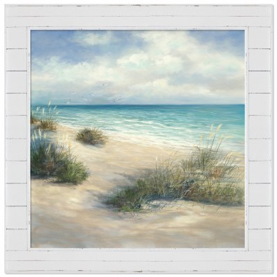 48" Square Secluded Beach Canvas Wall Art With White Shiplap Frame
