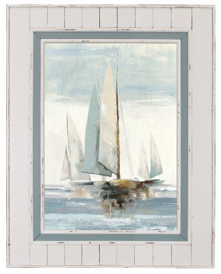50" x 40" White and Teal Quiet Boats Coastal Gel Textured Framed Print Under Glass