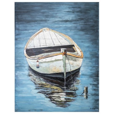 48" x 36" White Dinghy on Dark Blue Water Hand Painted Wood Plank Wall Plaque