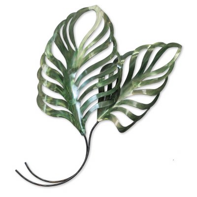 Two Dark Green Metal Tropical Leaves Wall Art Plaque