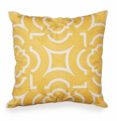 17" Square Yellow and White Embroidered Pattern Pillow