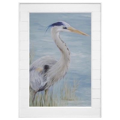 44" x 34" Blue Heron on Beach Coastal Print With White Shiplap Wood Frame Under Glass