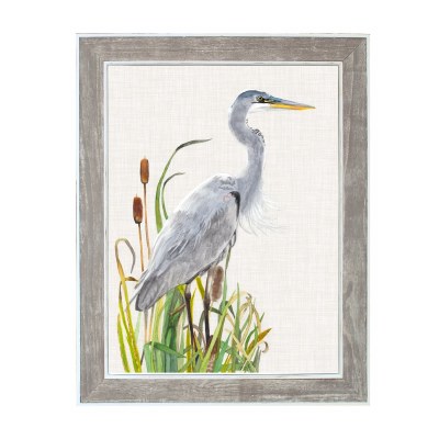 48" x 38" Gray Heron in Cattails Coastal Framed Print Under Glass
