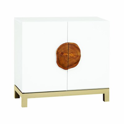 36" White Wood Two Door Cabinet With Teak Slice Handles and Gold Metal Base