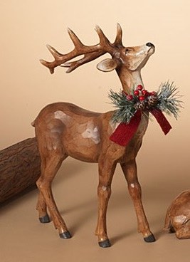 13" Brown Polyresin Deer With Head Up and Holly Pinecone Bow