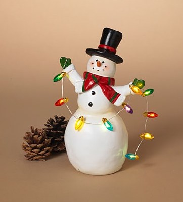 8" White Polyresin Snowman With LED String of Lights