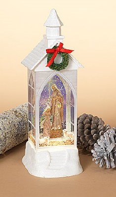 12" White Glitter LED Water Globe Church With Holy Family Nativity