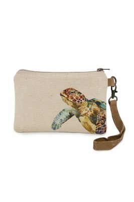 5" Sea Turtle Canvas and Leather Wristlet