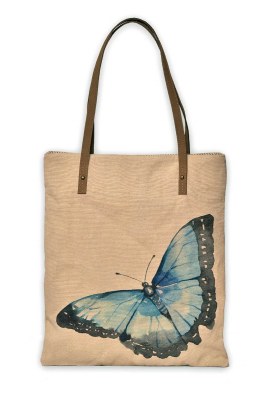 15" Blue Morphal Butterfly Canvas and Leather Book Bag