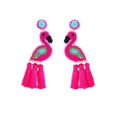 Pink Flirty Flamingo With Green and Blue Wings Beaded Earrings and Tassels