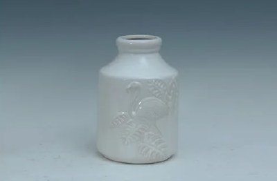 10" White Ceramic Vase With a Flamingo