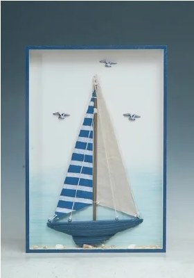 19" x 13" Blue and White Boat With Seagulls Plaque