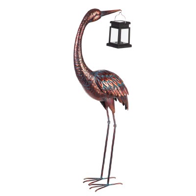 33" Decorative Copper Finish Crane With Solar Lantern Garden Statue