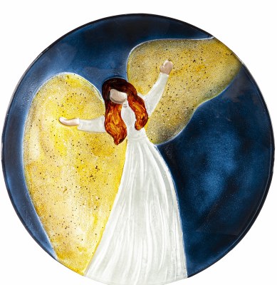 18" Round Hand Painted Navy and Yellow Angel Embossed Glass Bird Bath Bowl