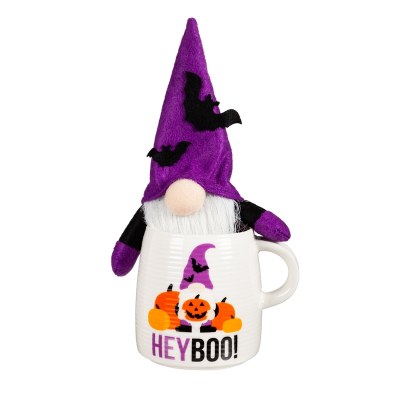 12 oz Hey Boo! Pumpkin and Bat Ceramic Mug With Purple and Black Bat Gnome Halloween Decoration
