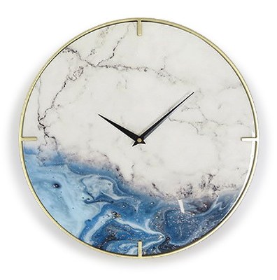 16" Round White and Blue Marble With Gold Metal Wall Clock