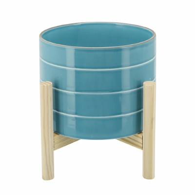 8" Round Sky Blue With White Pinstripes Ceramic Pot With Wood Stand