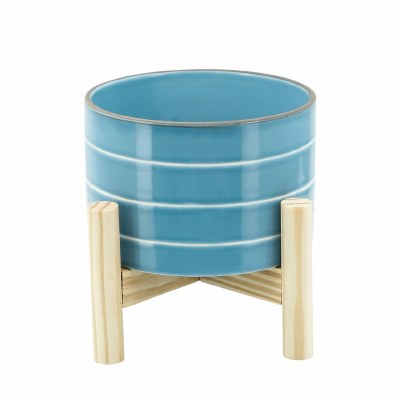 6" Round Sky Blue With White Pinstripes Ceramic Pot With Wood Stand