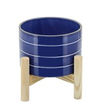 6" Round Dark Blue With White Pinstripes Ceramic Pot With Wood Stand