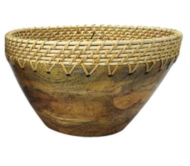 Small Round Brown Wood Bowl With a Rattan Rim