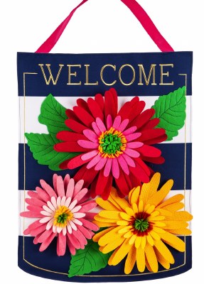 23" x 17" Navy and White Striped Gerbera Daisies Welcome Door Hanger