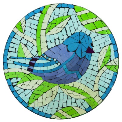 18" Round Green and Blue Mosaic Glass Bluebird Bowl