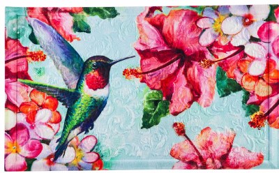 18" x 30" Pink and Blue Hummingbird and Hibiscus Embossed Doormat