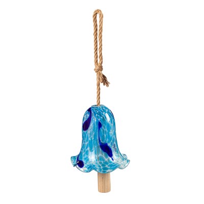 7" Light Blue and Dark Blue Art Glass Floral Shaped Bell Chime With Rope Hanger