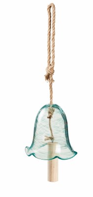 7" Teal Speckle Art Glass Floral Shaped Bell Chime With Rope Hanger